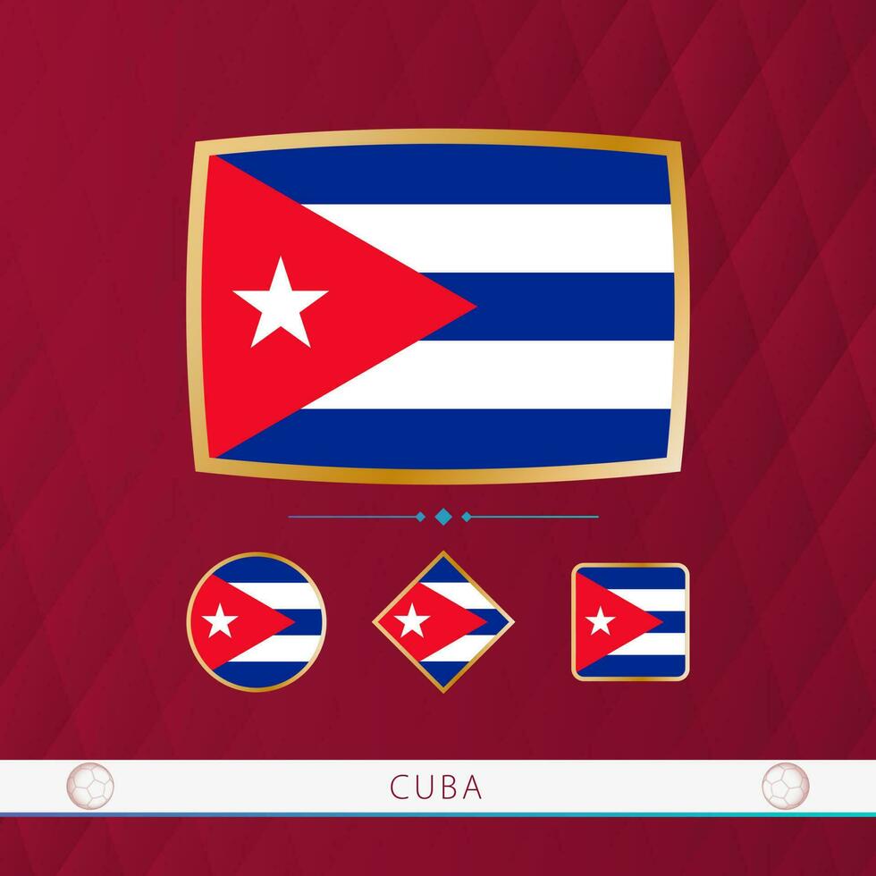 Set of Cuba flags with gold frame for use at sporting events on a burgundy abstract background. vector