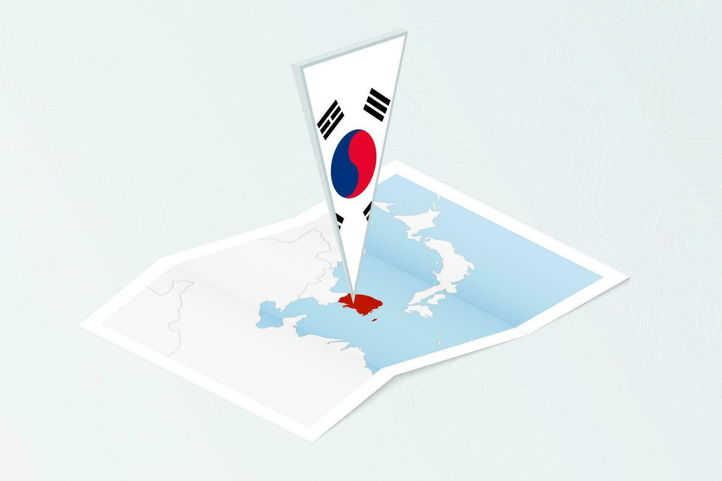 Isometric paper map of South Korea with triangular flag of South Korea in isometric style. Map on topographic background. vector