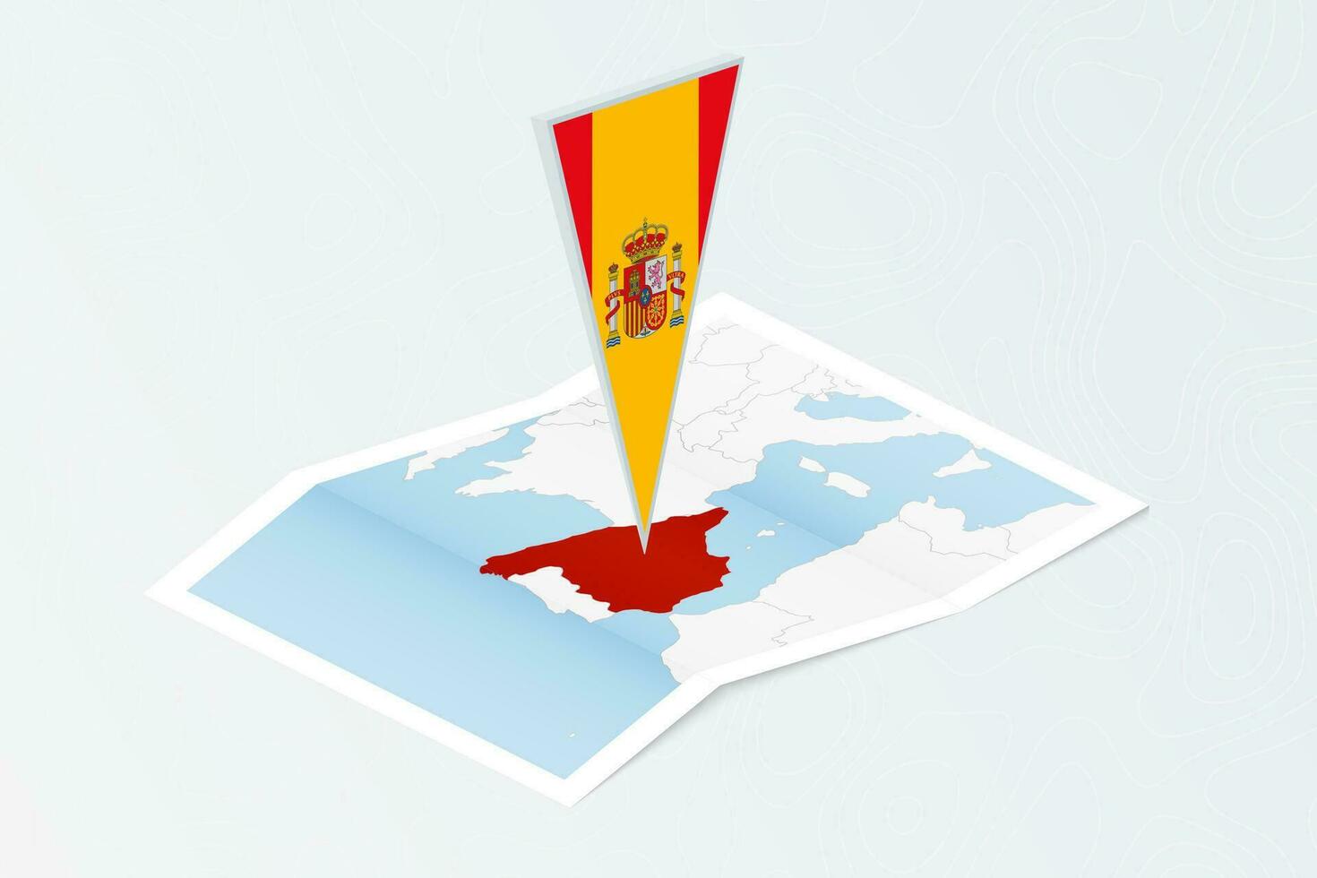 Isometric paper map of Spain with triangular flag of Spain in isometric style. Map on topographic background. vector