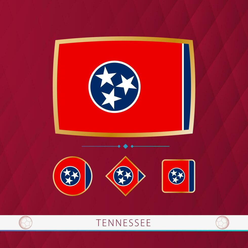 Set of Tennessee flags with gold frame for use at sporting events on a burgundy abstract background. vector