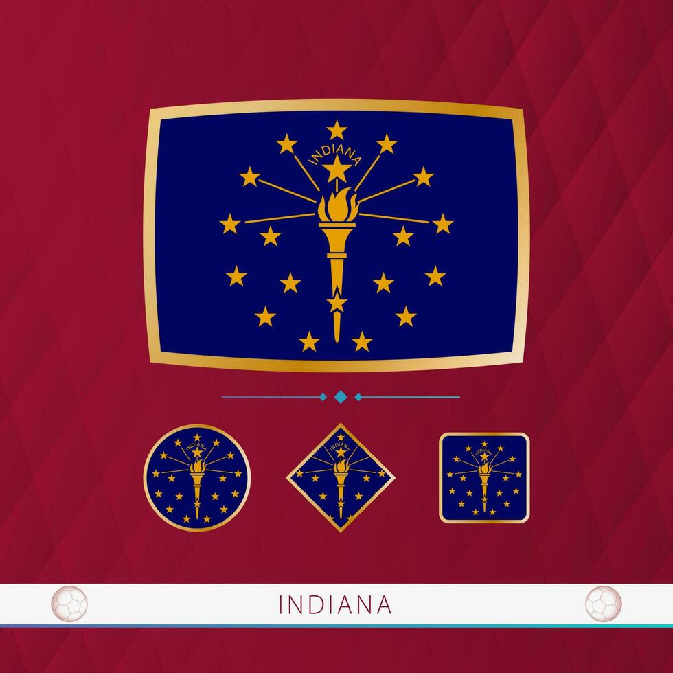 Set of Indiana flags with gold frame for use at sporting events on a burgundy abstract background. vector