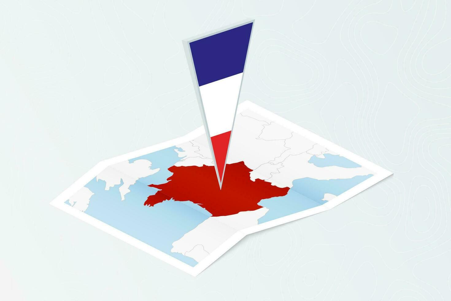 Isometric paper map of France with triangular flag of France in isometric style. Map on topographic background. vector