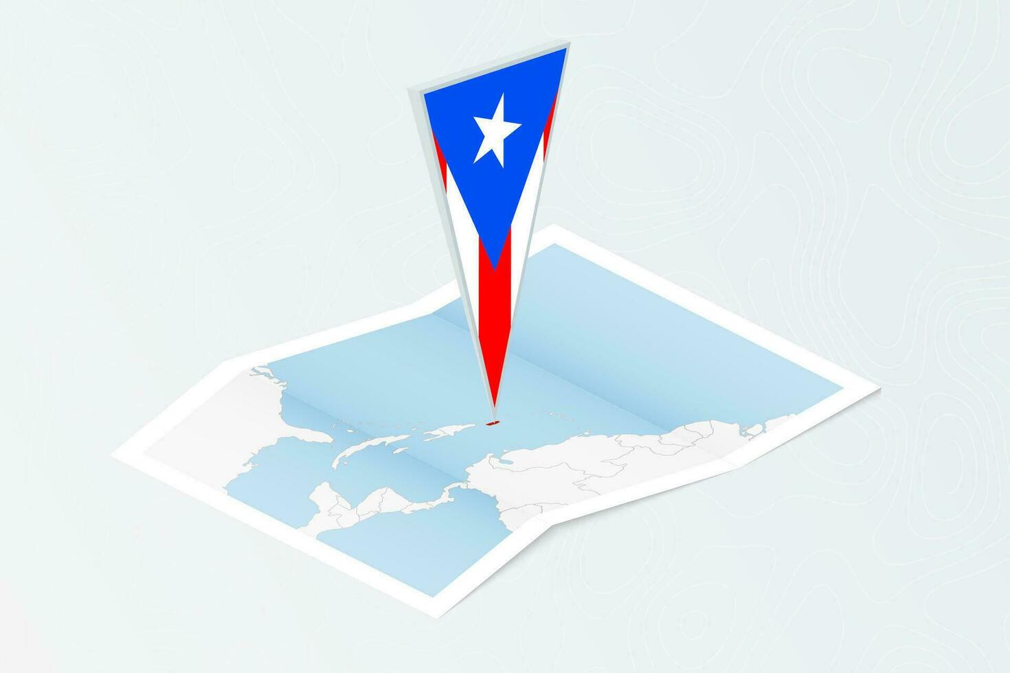 isométrica papel mapa de puerto rico con triangular bandera de puerto rico en isométrica estilo. mapa en topográfico antecedentes. vector