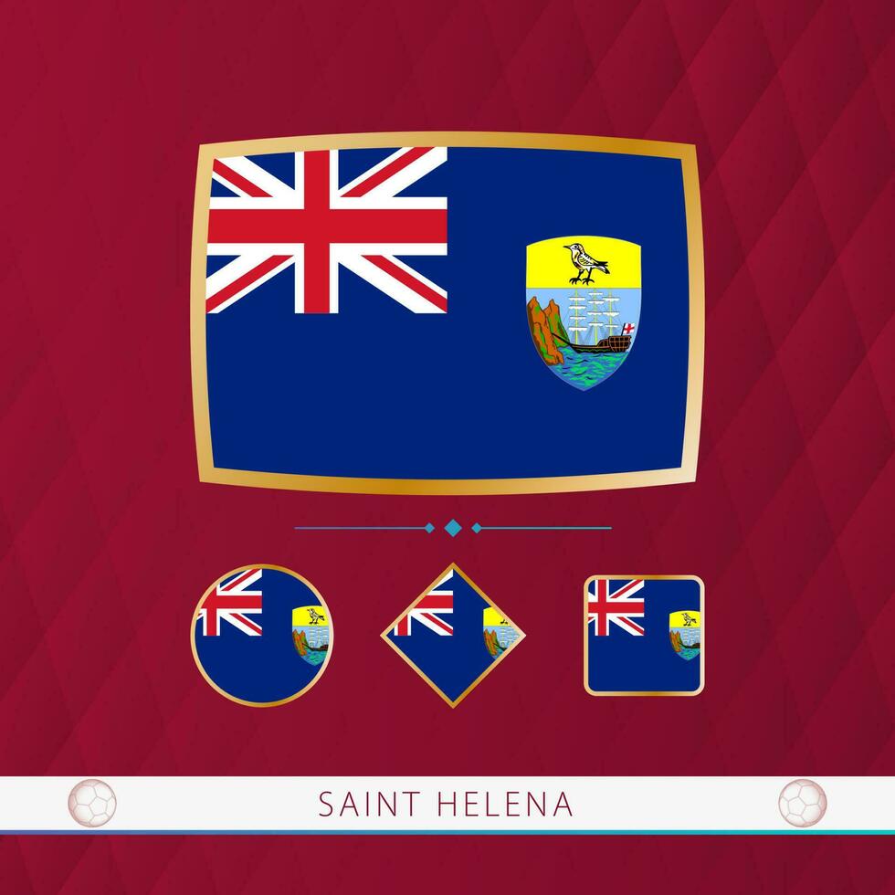 Set of Saint Helena flags with gold frame for use at sporting events on a burgundy abstract background. vector