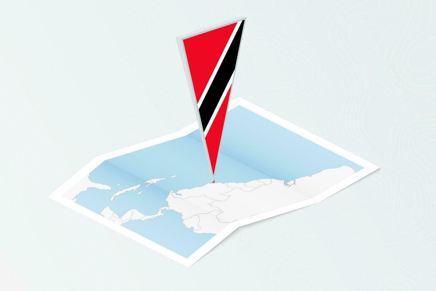Isometric paper map of Trinidad and Tobago with triangular flag of Trinidad and Tobago in isometric style. Map on topographic background. vector