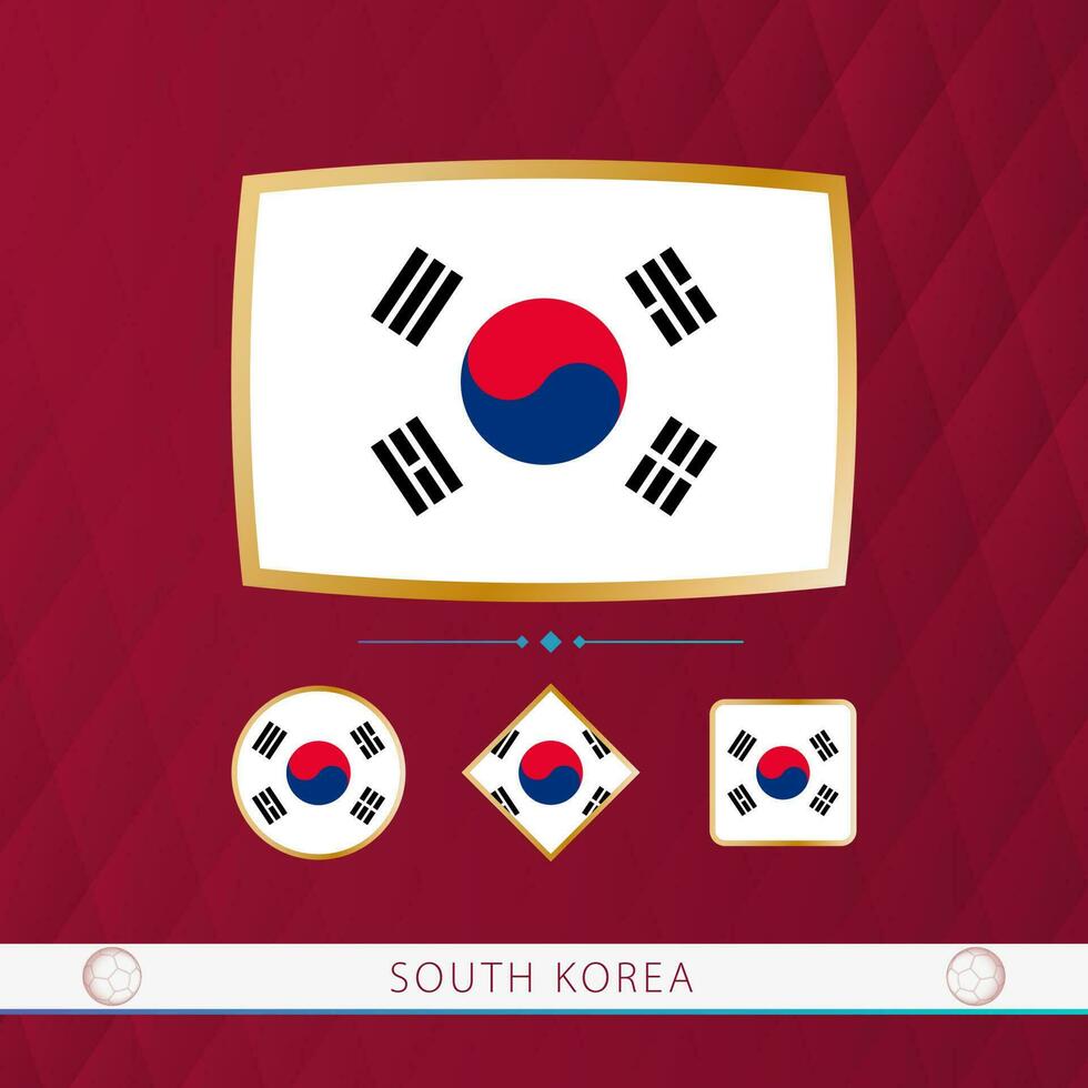 Set of South Korea flags with gold frame for use at sporting events on a burgundy abstract background. vector