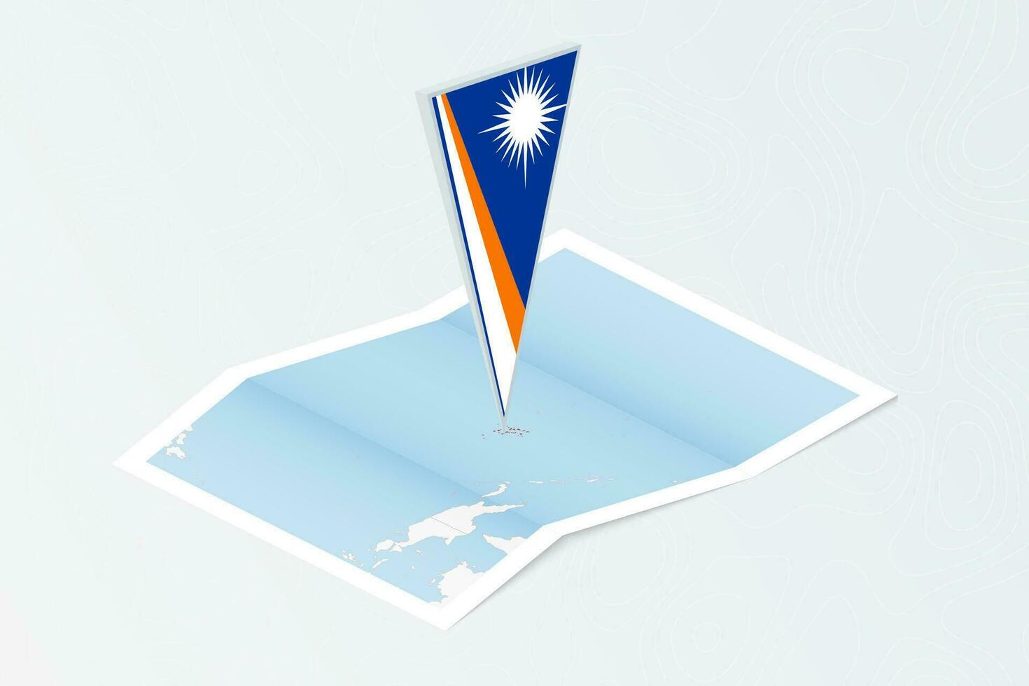 Isometric paper map of Marshall Islands with triangular flag of Marshall Islands in isometric style. Map on topographic background. vector