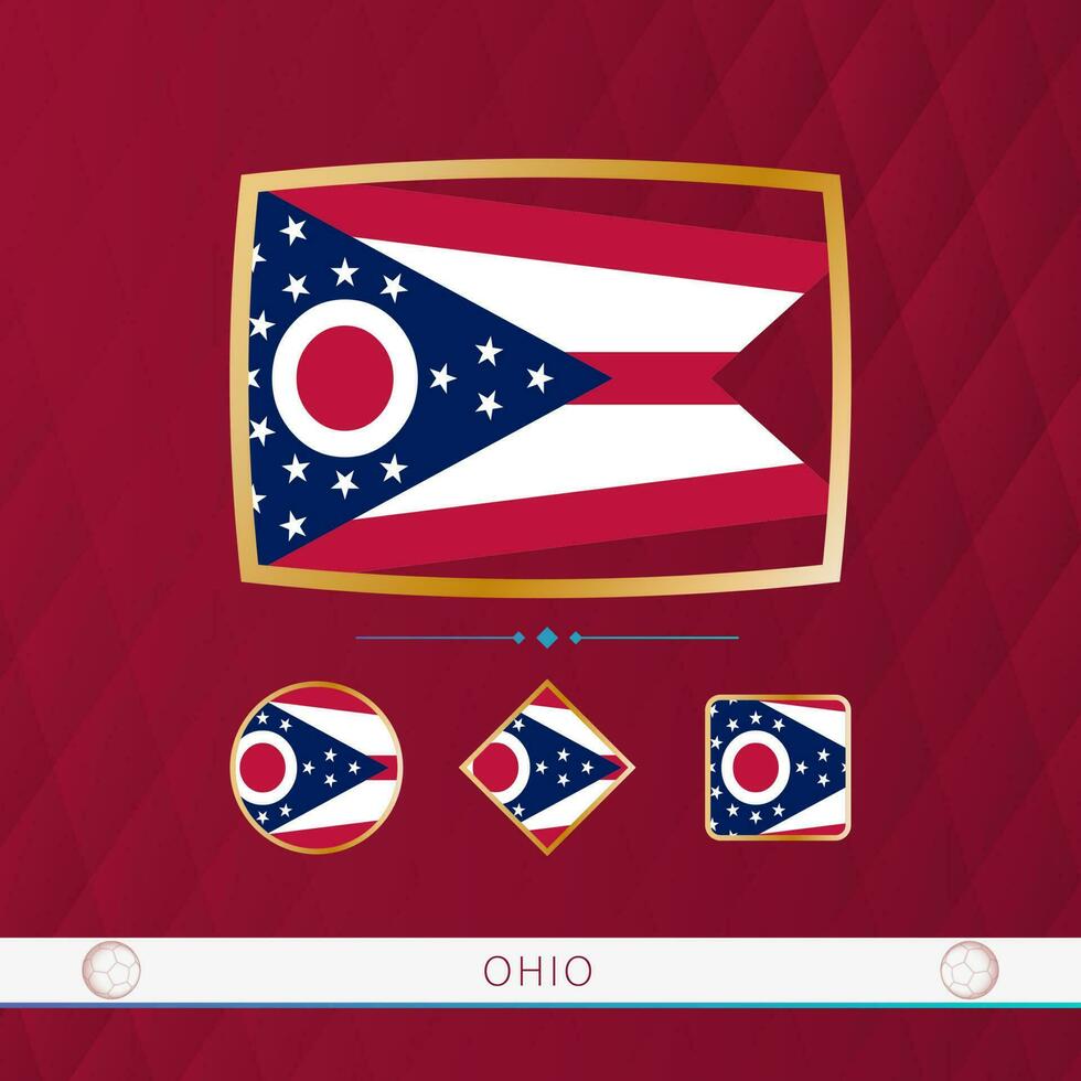 Set of Ohio flags with gold frame for use at sporting events on a burgundy abstract background. vector