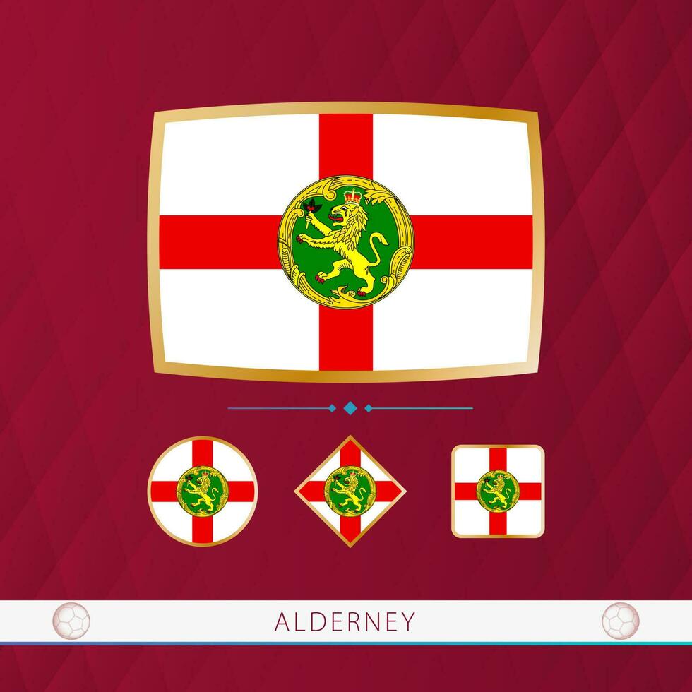 Set of Alderney flags with gold frame for use at sporting events on a burgundy abstract background. vector