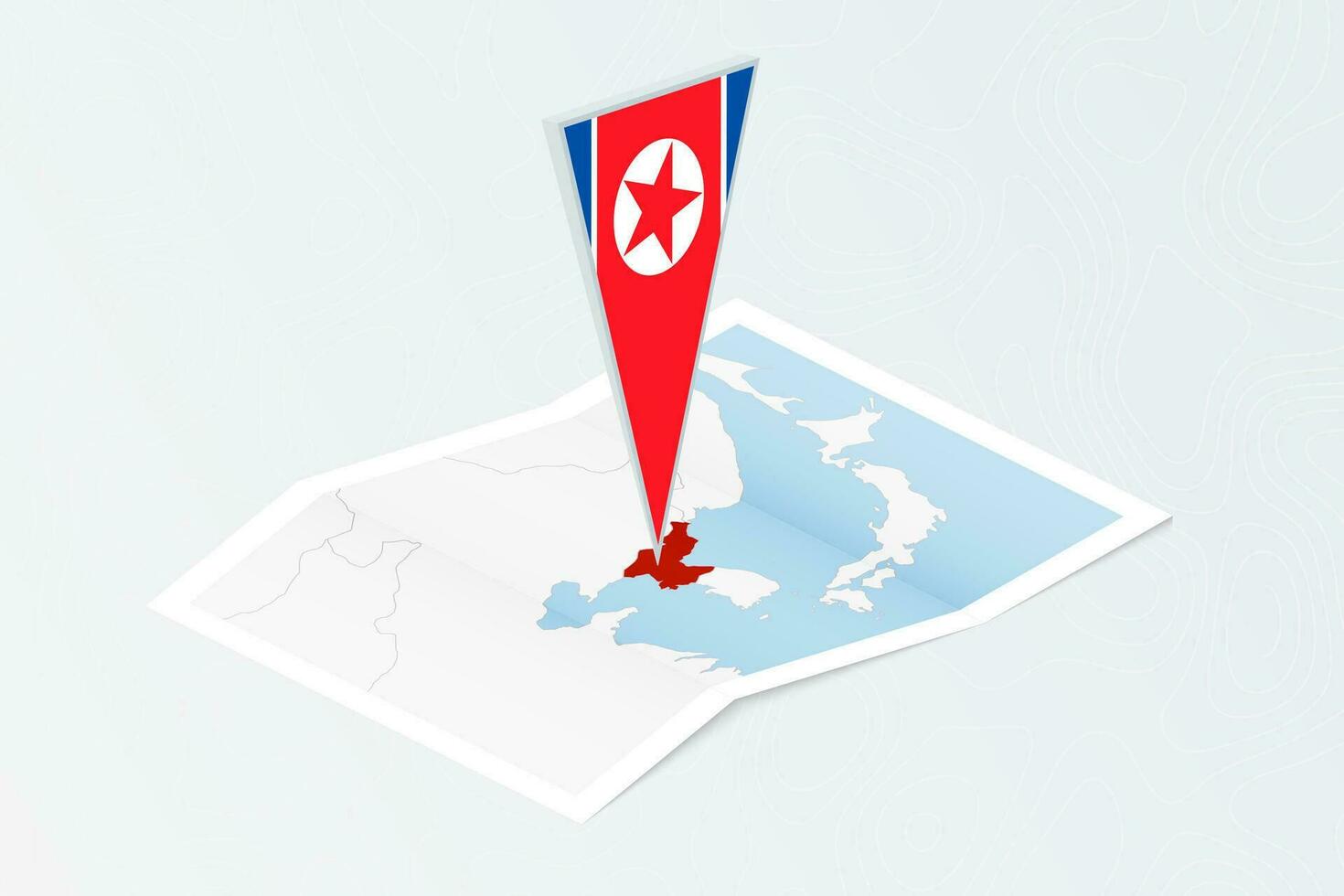 Isometric paper map of North Korea with triangular flag of North Korea in isometric style. Map on topographic background. vector