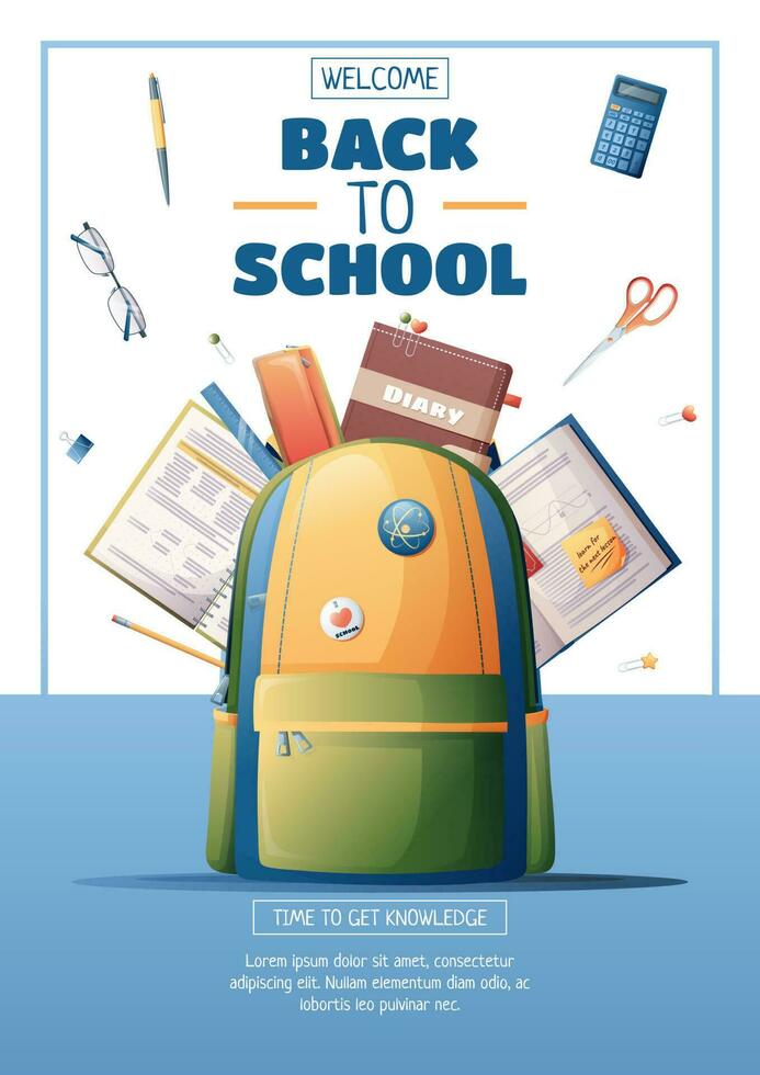 Poster template with school backpack, textbooks and stationery. Flyer design on the theme of school, education. Back to school, school time, studying. Banner, background, poster size a4 vector