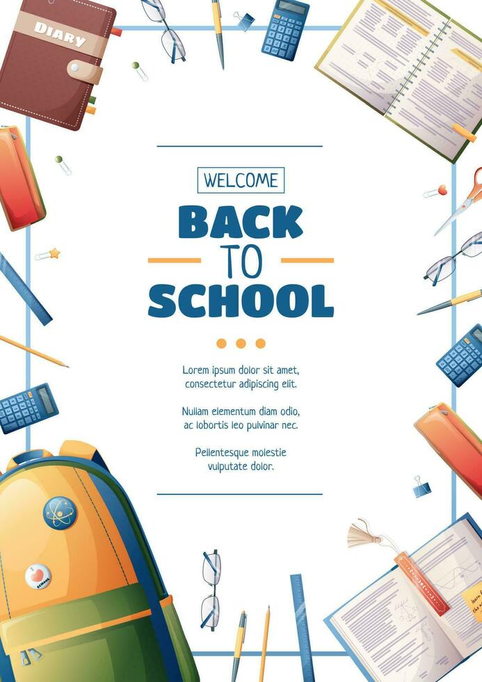 Poster template with school backpack, textbooks and stationery. Flyer design on the theme of school, education. Back to school, school time, studying. Banner, background, poster size a4 vector