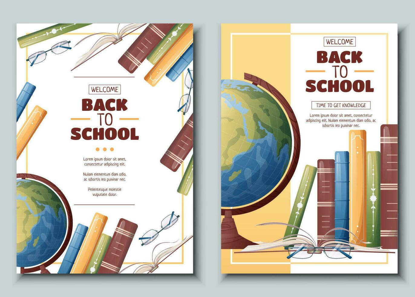 Set of flyer template with globe and books. School time, back to school, education. Flyer, poster, banner size a 4 vector