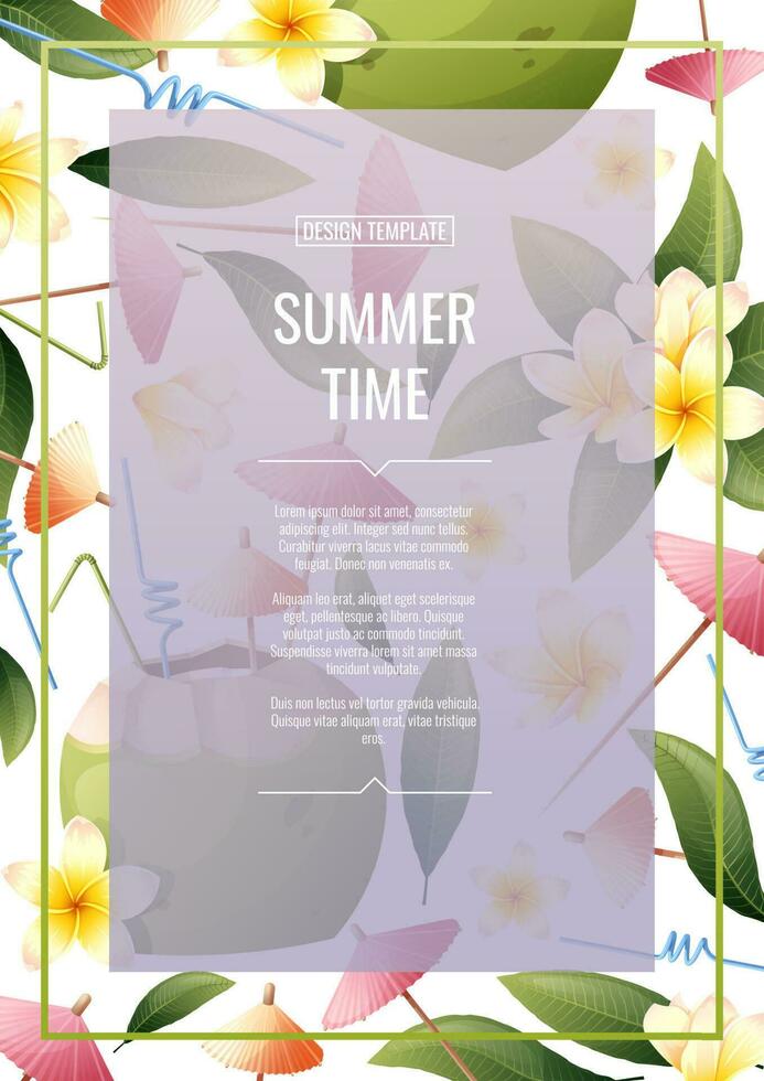 Flyer template with beach coconut cocktail and frangipani flowers. Tropical vacation, summer vacation. Banner, poster with beach drinks a4 size vector