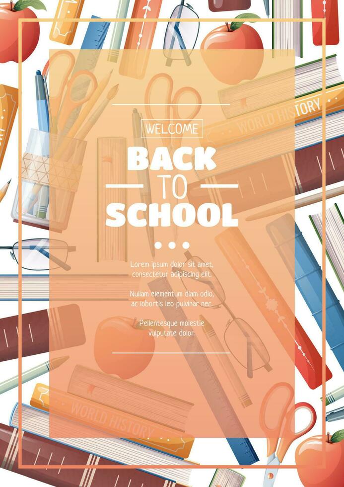 Poster template with school accessories, textbooks and stationery. Flyer design on the theme of school, education. Back to school, school time, studying. Banner, background, poster size a4. vector