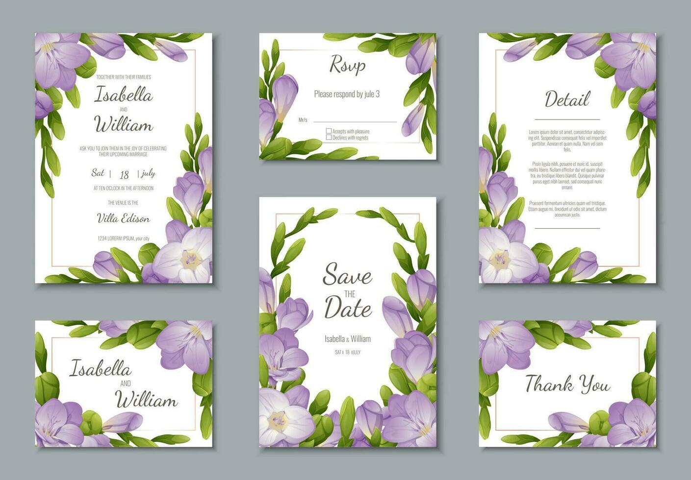 conjunto de Boda plantillas, pancartas, invitaciones para el día festivo. hermosa tarjeta postal decoración con púrpura fresia vector