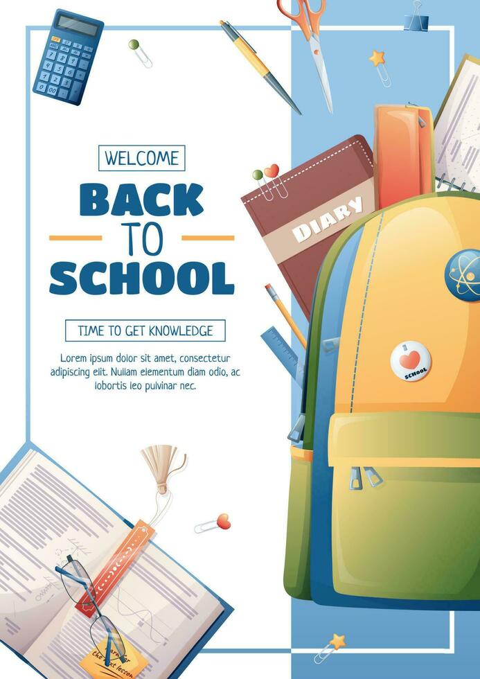 Poster template with school backpack, textbooks and stationery. Flyer design on the theme of school, education. Back to school, school time, studying. Banner, background, poster size a4 vector