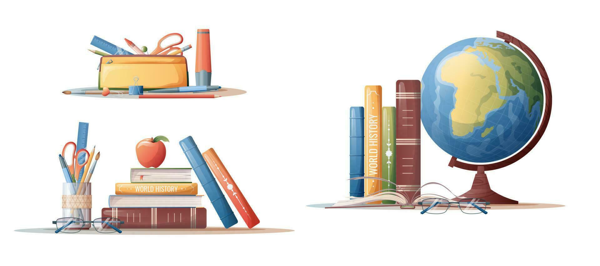 School supplies set. Illustrations of books, globe, school congregation on an isolated background. Icons, stickers of school themes. Study, education. vector