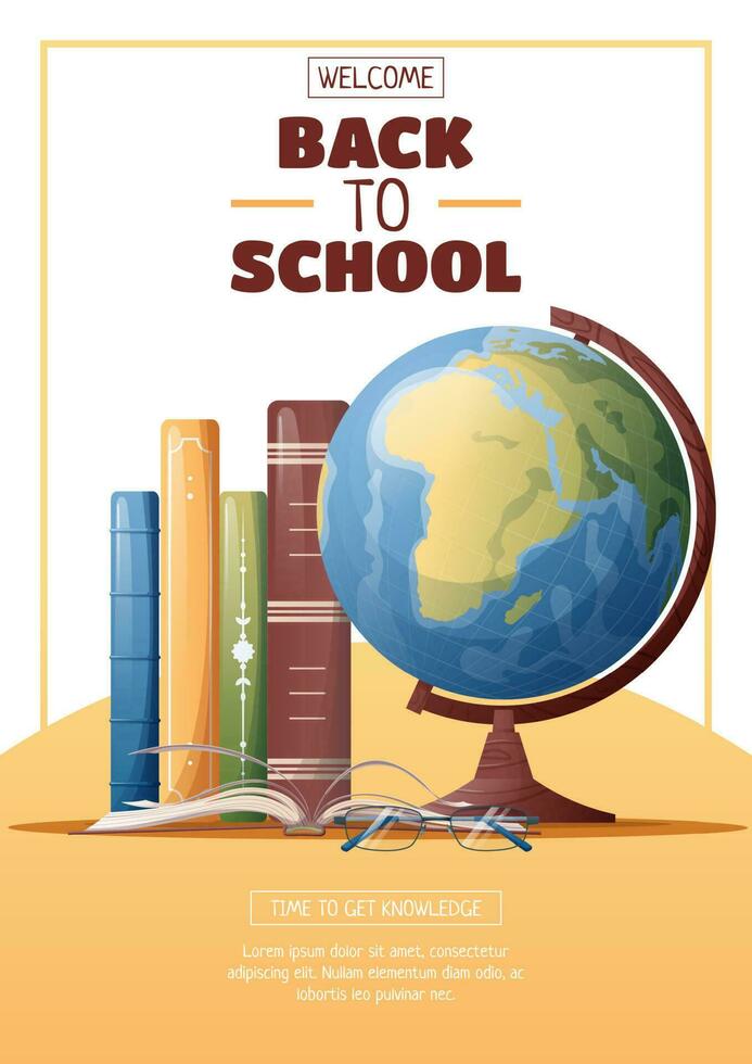 Flyer template with globe and books. School time, back to school, education. Flyer, poster, banner size a 4. vector