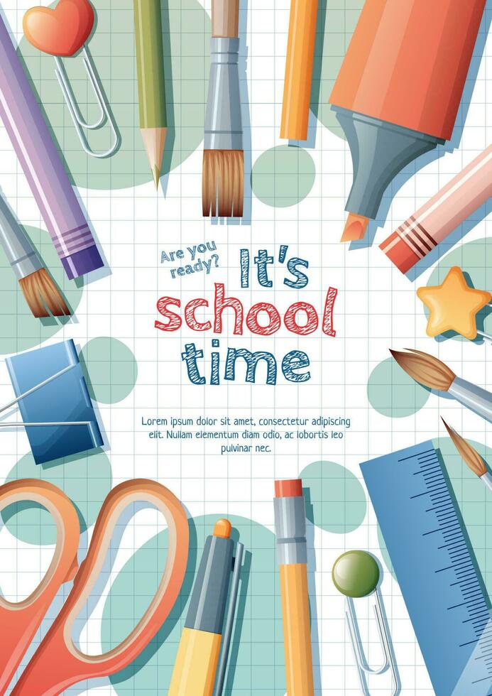 Back to school flyer template design. Stationery on a checkered background. Pen, ruler, pencils, paper clips located on the background. School and office banner vector