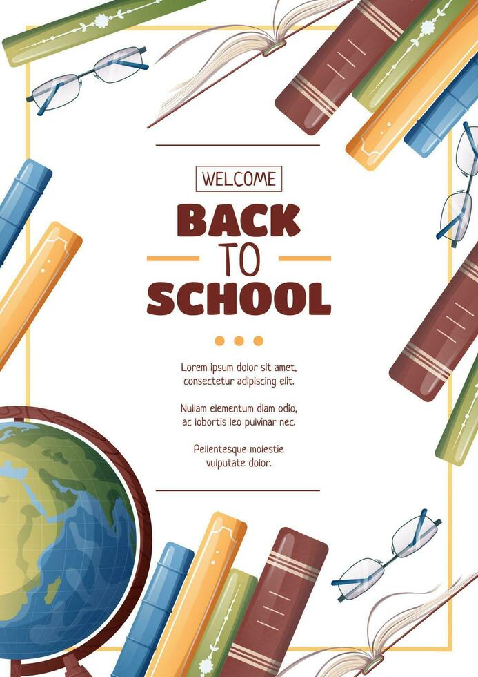 Flyer template with globe and books. School time, back to school, education. Flyer, poster, banner size a 4. vector