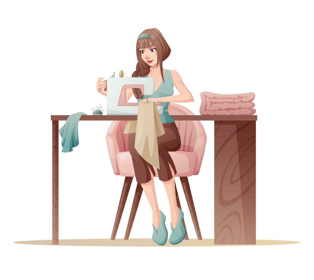 Seamstress for tailoring. The dressmaker sews clothes on a sewing machine. Stylish illustration. Needlework, hobby, sewing studio vector