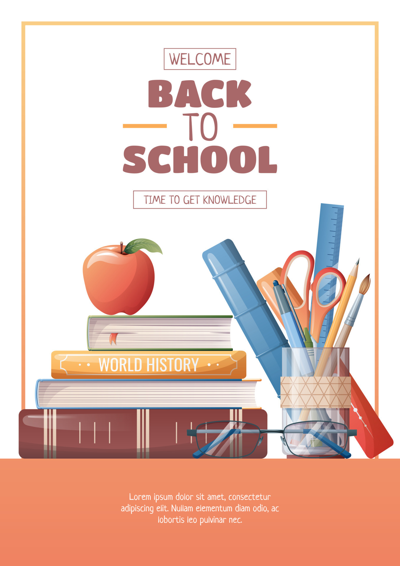 Poster template with school accessories, textbooks and stationery