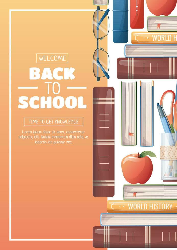 Poster template with school accessories, textbooks and stationery. Flyer design on the theme of school, education. Back to school, school time, studying. Banner, background, poster size a4. vector