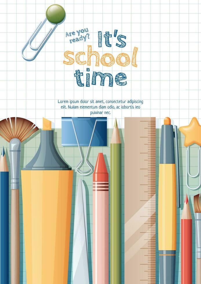 Back to school flyer template design. Stationery on a checkered background. Pen, ruler, pencils, paper clips located on the background. School and office banner vector