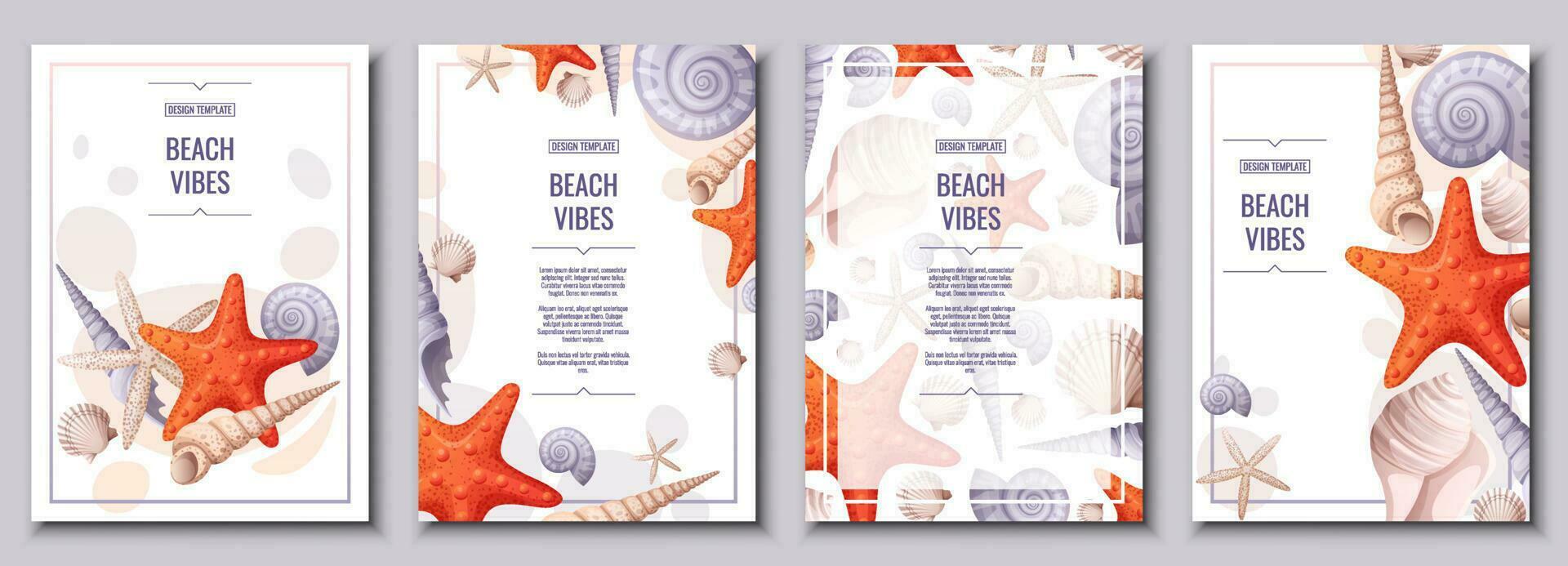 Flyer set with seashells and orange starfish. Banner, flyer, poster A4 size for advertising. vector