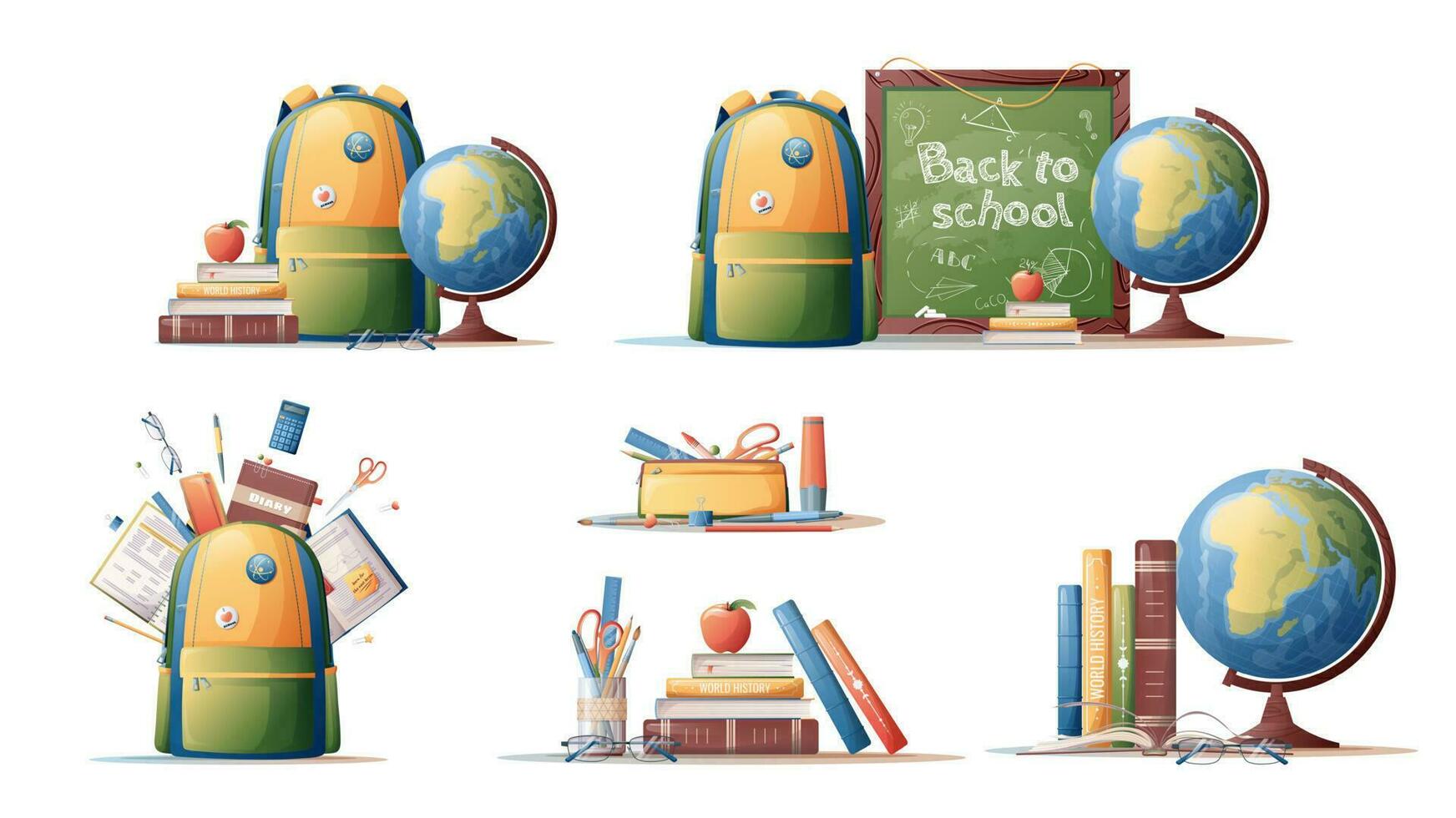 un conjunto de colegio suministros. ilustraciones de libros, globo, mochila y colegio congregación en aislado antecedentes. iconos, pegatinas de colegio temas estudiar, educación. vector