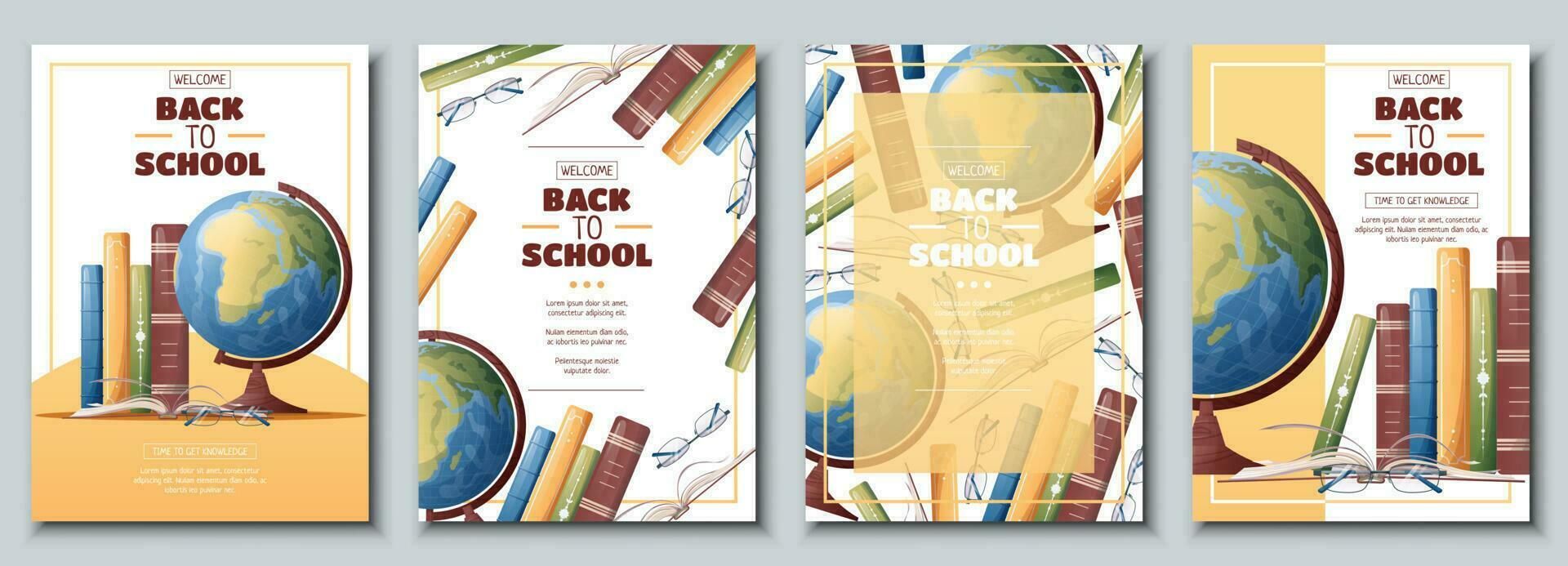 Set of flyer template with globe and books. School time, back to school, education. Flyer, poster, banner size a 4 vector