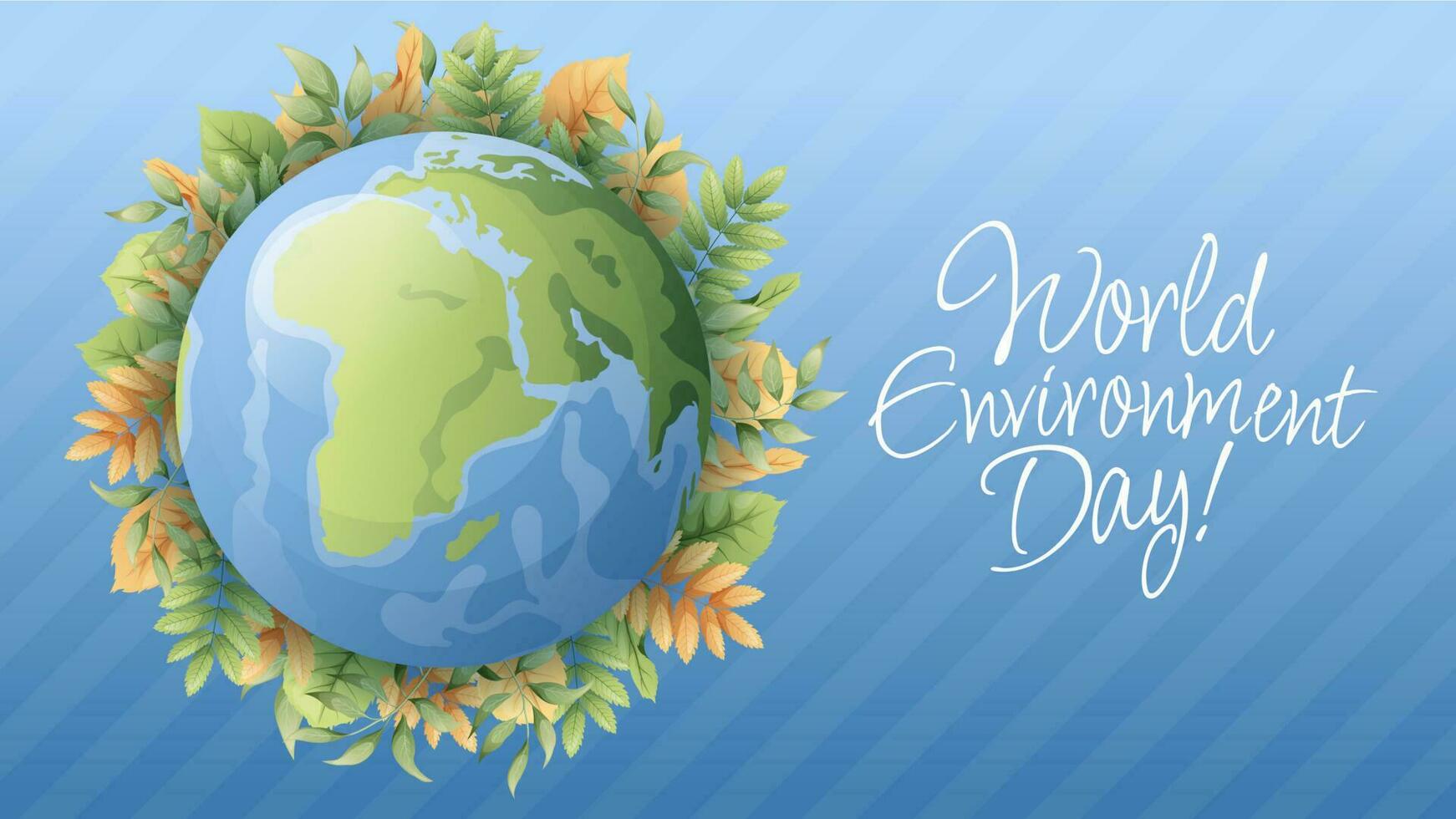 World environment day simple vector web banner, poster with earth and leaves. Ecology concept, save the planet. Vector illustration. Banner, poster, postcard template for holiday.