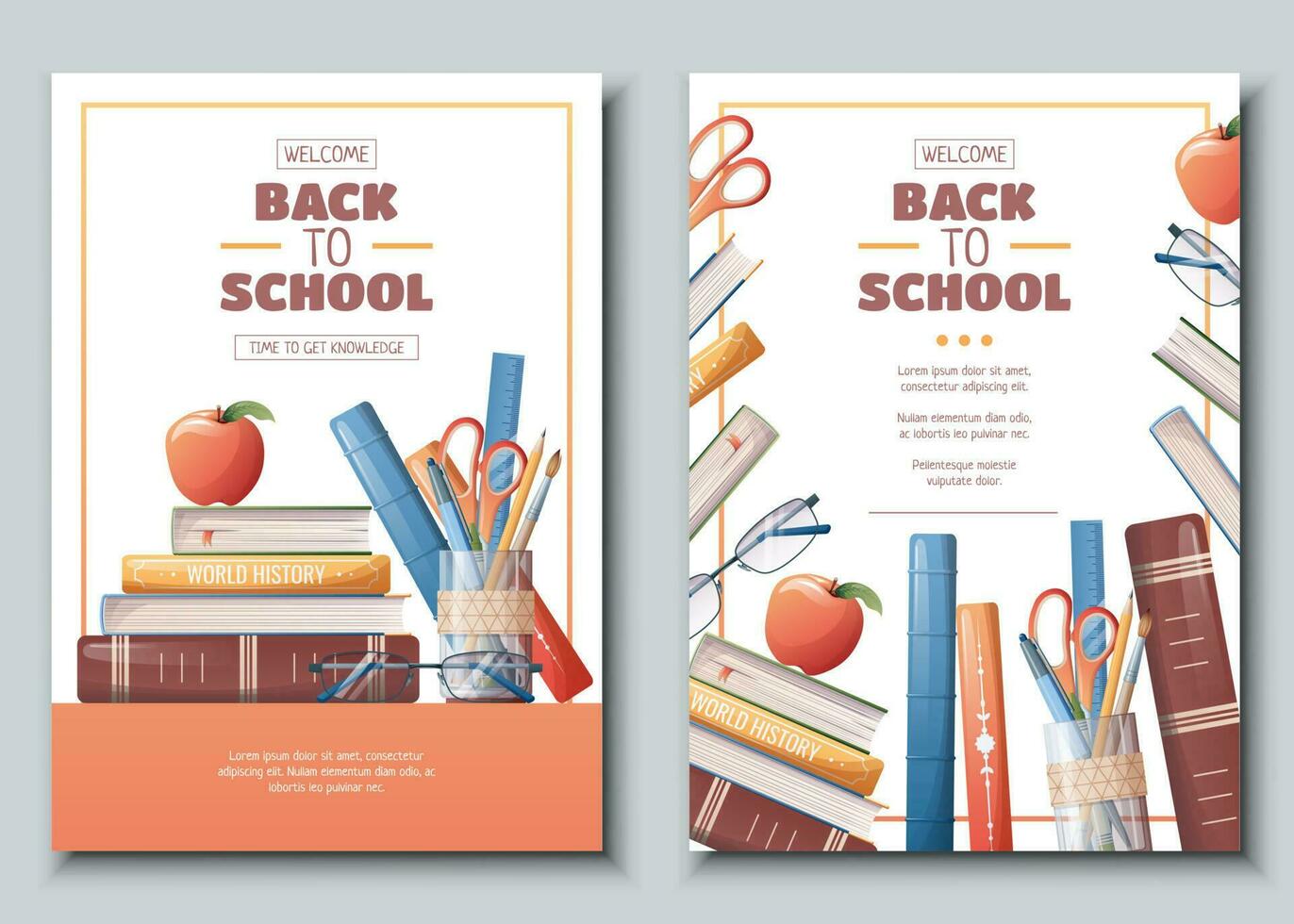 Set of flyer template with school accessories, books and textbooks. School time, back to school ...
