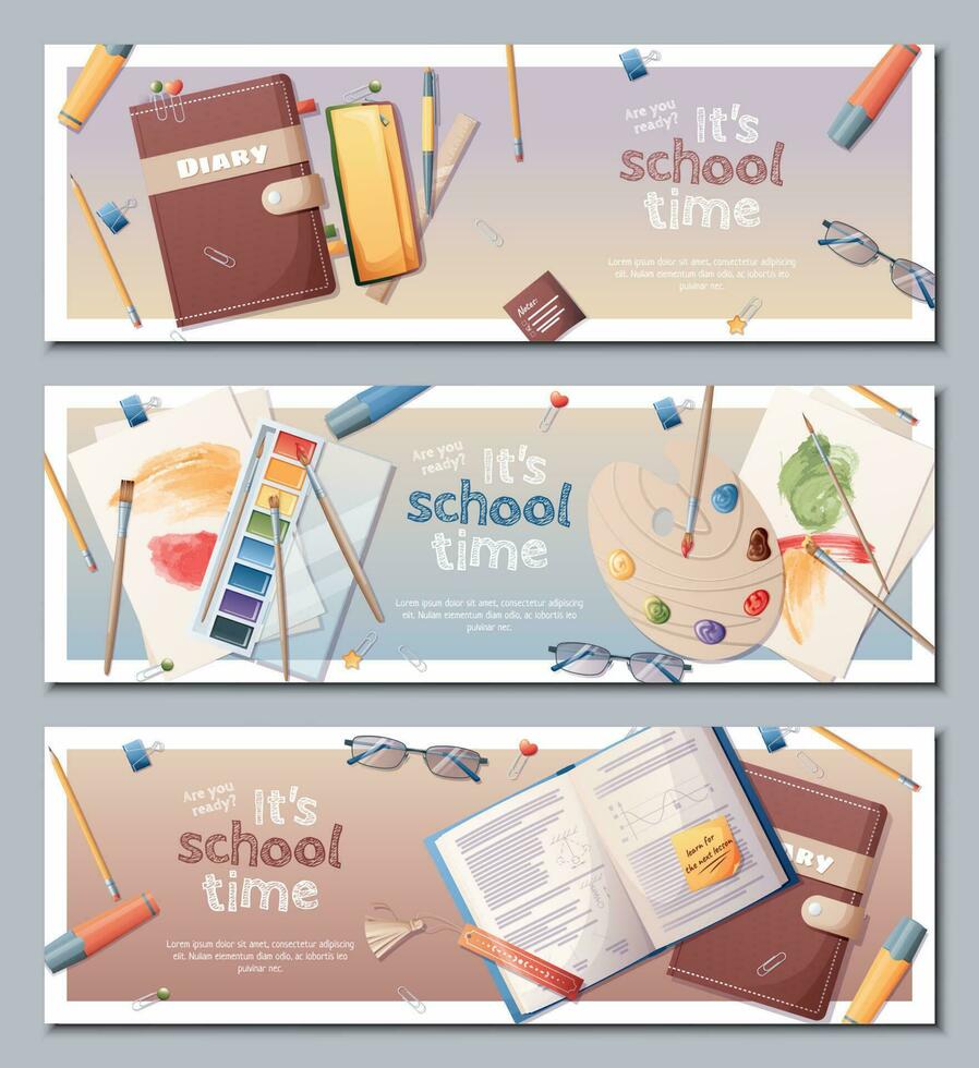 Back to school horizontal banners set. Background with notebooks, textbooks, paints and palette. Study, occupation, hobby. vector