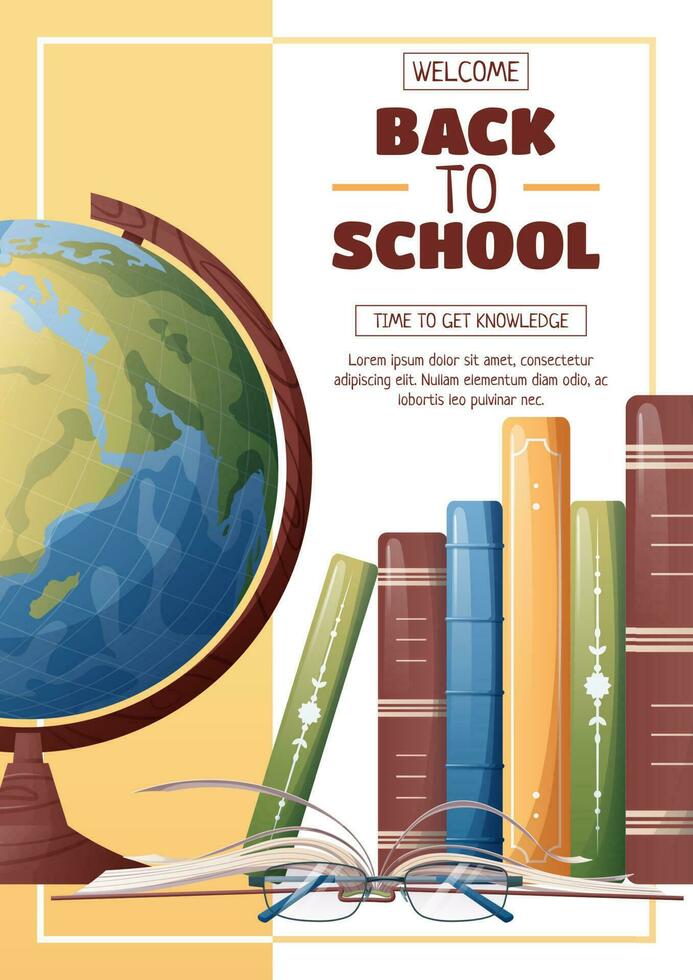 Flyer template with globe and books. School time, back to school, education. Flyer, poster, banner size a 4. vector