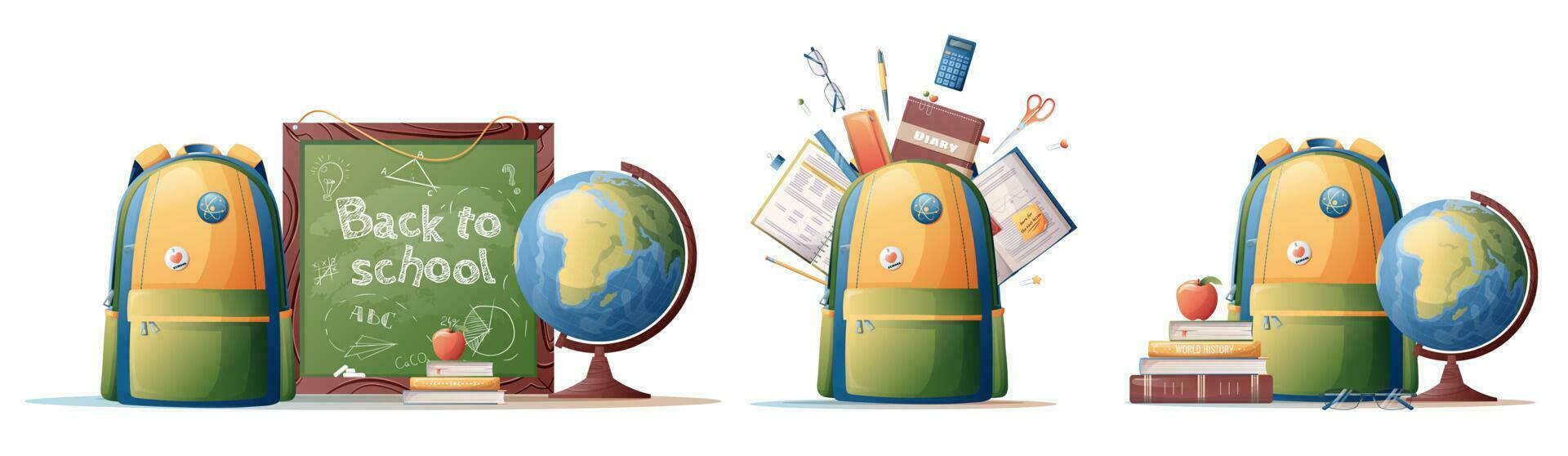 A set of school supplies. Illustrations of books, globe, backpack and school congregation on isolated background. Icons, stickers of school themes. Study, education. vector