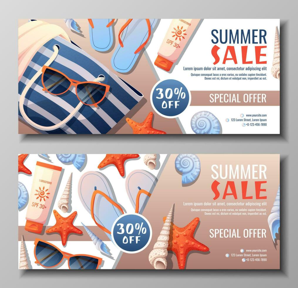 Set of summer banners with beach accessories. Discount coupon, special summer offer. Background, flyer with seashells, bag vector