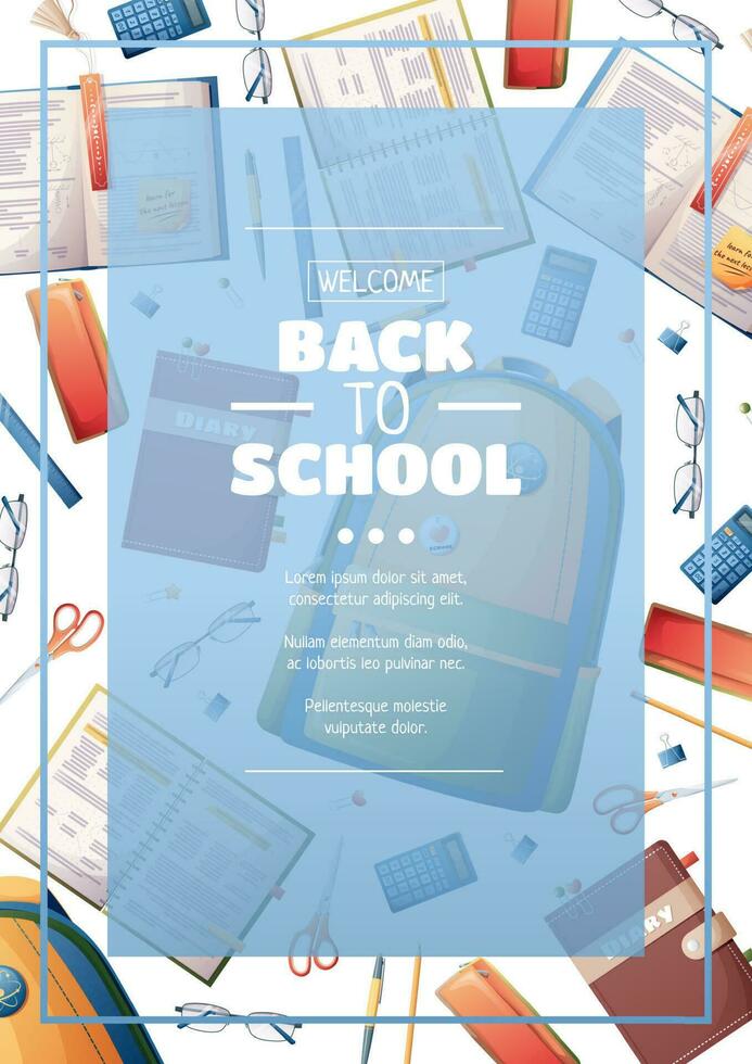 Poster template with school backpack, textbooks and stationery. Flyer design on the theme of school, education. Back to school, school time, studying. Banner, background, poster size a4 vector