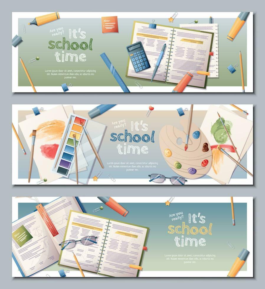 Back to school horizontal banners set. Background with notebooks, textbooks, paints and palette. Study, occupation, hobby. vector