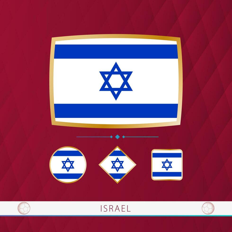 Set of Israel flags with gold frame for use at sporting events on a burgundy abstract background. vector