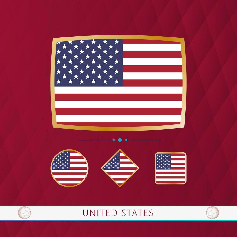 Set of USA flags with gold frame for use at sporting events on a burgundy abstract background. vector