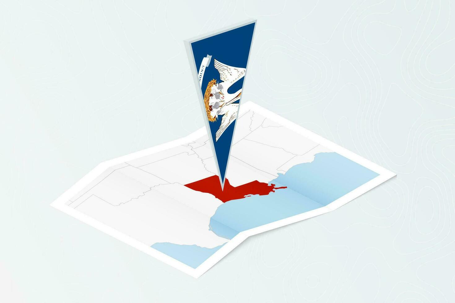 Isometric paper map of Louisiana with triangular flag of Louisiana in isometric style. Map on topographic background. vector