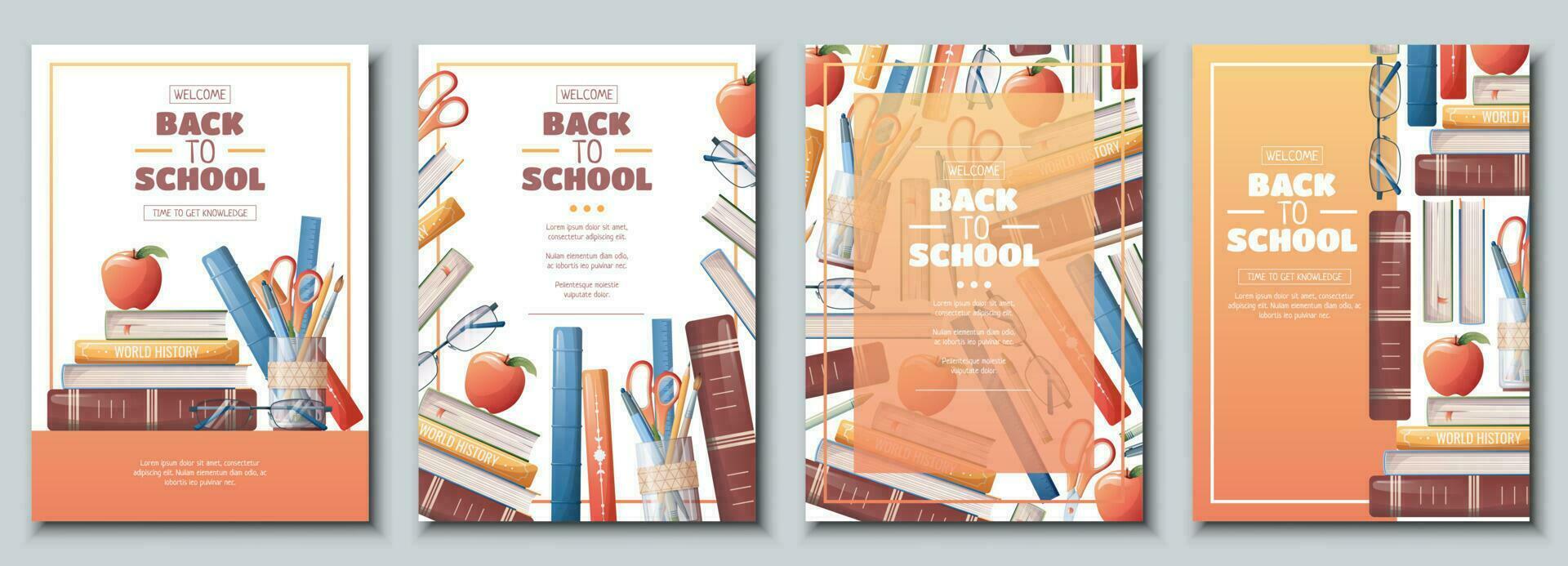 Set of flyer template with school accessories, books and textbooks. School time, back to school, education. Flyer, poster, banner size a 4. vector
