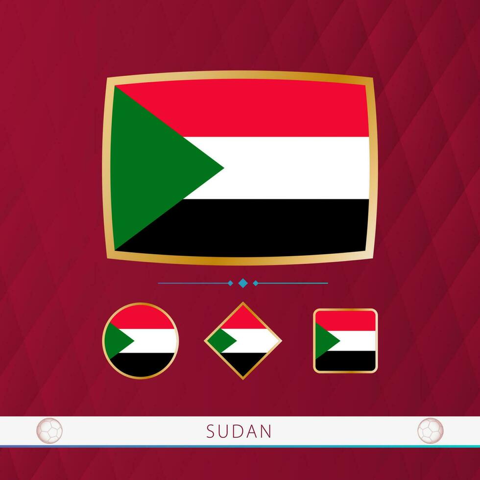 Set of Sudan flags with gold frame for use at sporting events on a burgundy abstract background. vector