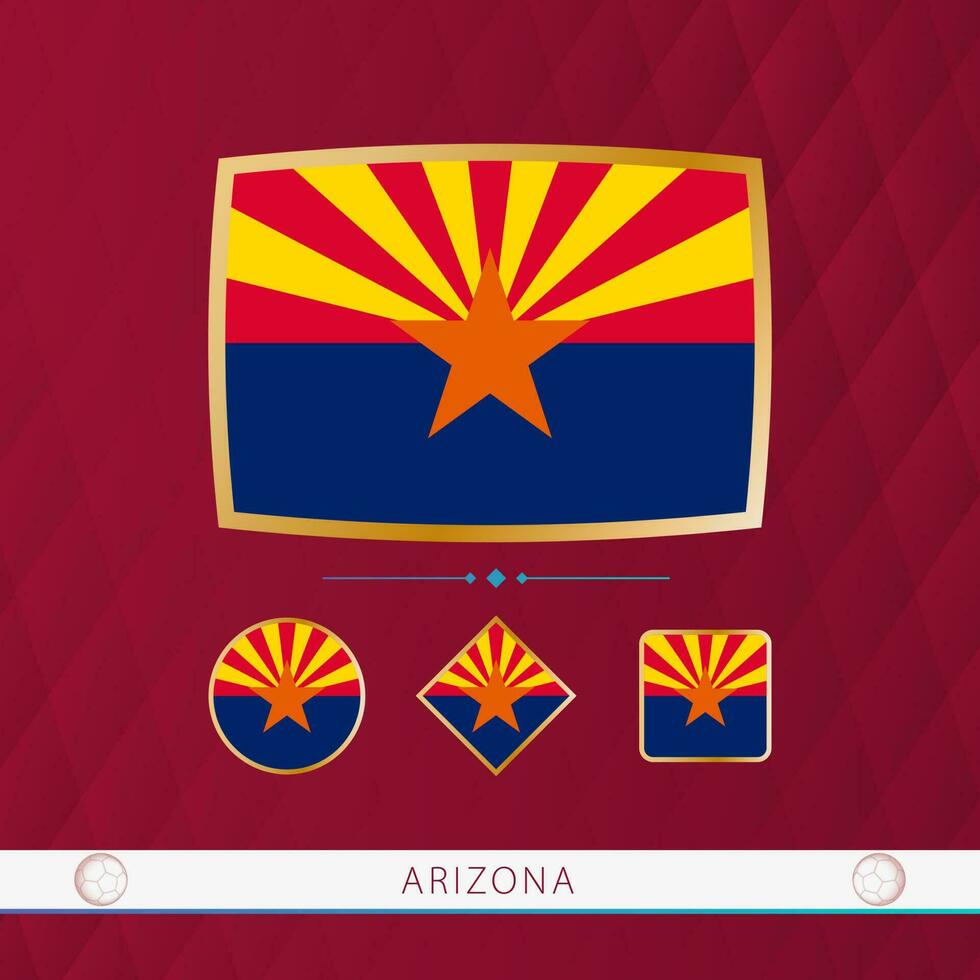 conjunto de Arizona banderas con oro marco para utilizar a deportivo eventos en un borgoña resumen antecedentes. vector