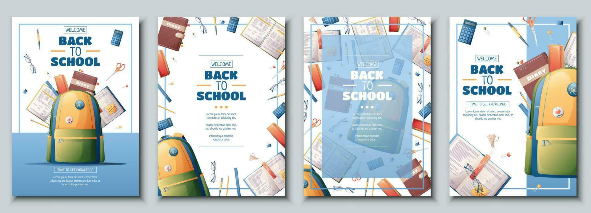 Set of flyer template with school backpack, books and textbooks. School time, back to school, education. Flyer, poster, banner size a 4 vector