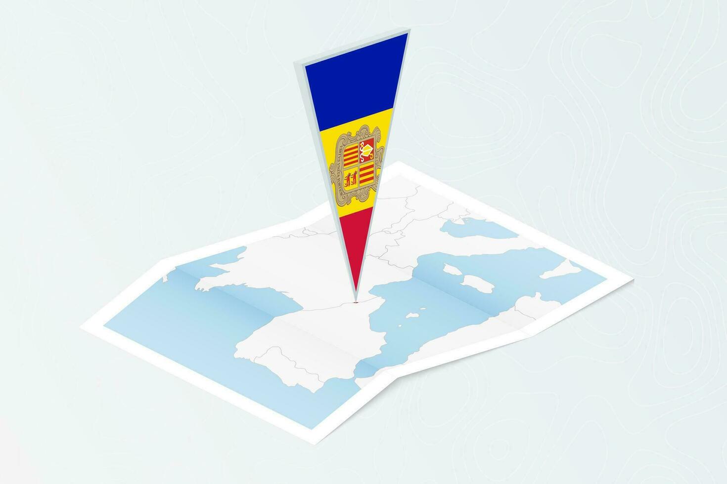 Isometric paper map of Andorra with triangular flag of Andorra in isometric style. Map on topographic background. vector