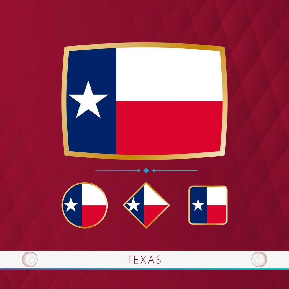 conjunto de Texas banderas con oro marco para utilizar a deportivo eventos en un borgoña resumen antecedentes. vector