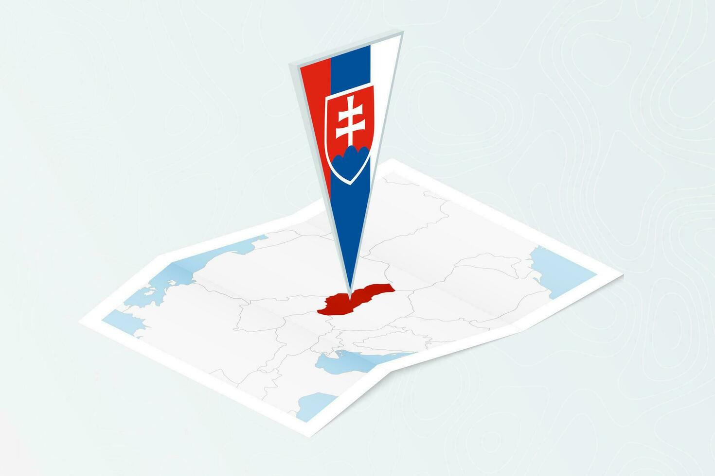 isométrica papel mapa de Eslovaquia con triangular bandera de Eslovaquia en isométrica estilo. mapa en topográfico antecedentes. vector